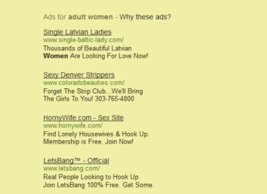 Anúncios do Google Adwords em 13 de abril de 2012. Eles aparecem depois de uma busca do termo “mulheres adultas”. Quantos deles estão conectados a atividade de tráfico de pessoas que merecem uma investigação?