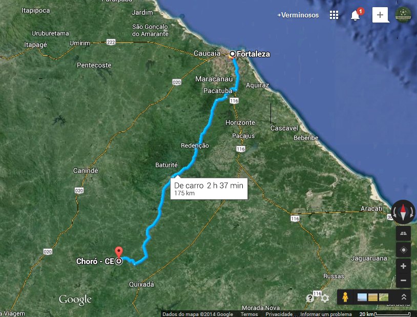 Distância de Fortaleza a Cafundó e Escondido, em Choró: 215 km. Fonte: Google Maps
