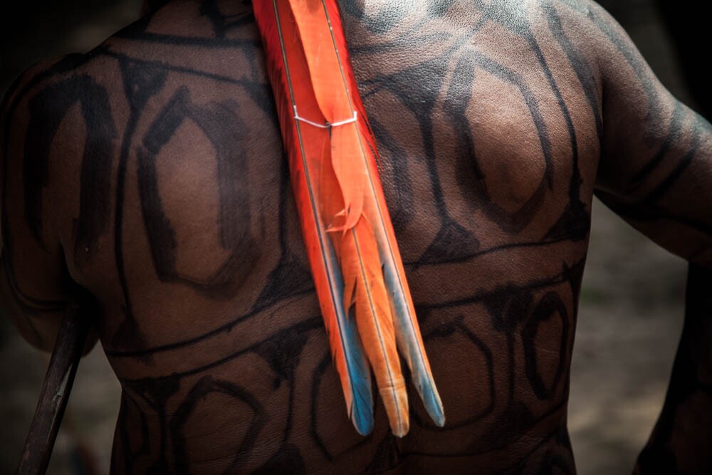 Para evocar a inteligência e a estratégia de defesa desse bicho, os homens pintam a pele com traços iguais aos da casca do jabuti. Foto: Marcio Isensee e Sá
