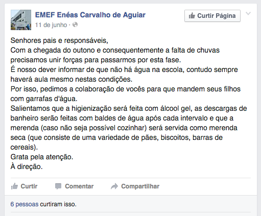 Mensagem de junho no Facebook da EMEF Enéas de Carvalho Aguiar afirma que não há água na escola. Reprodução.