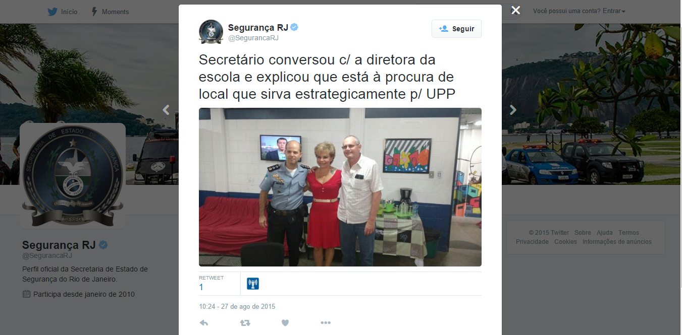 O tweet da SSP reforçando a promessa de Beltrame