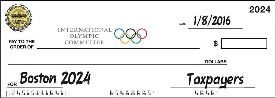 O No Boston Olympics argumentava que o COI exigia um cheque em branco assinado pelos contribuintes. A imagem acima foi usada em campanhas da organização.  (Crédito: Reprodução/Twiter No Boston Olympics)
