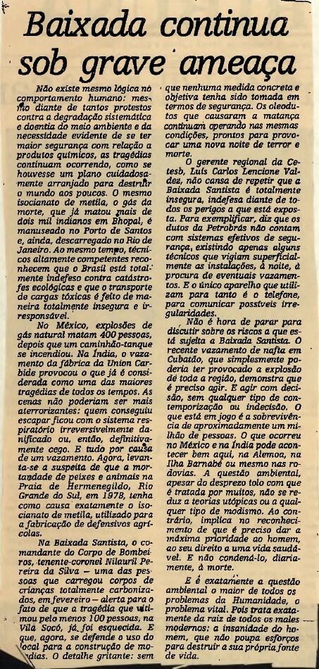 Coluna no jornal A Tribuna, de Santos, em 08 de dezembro de 1984