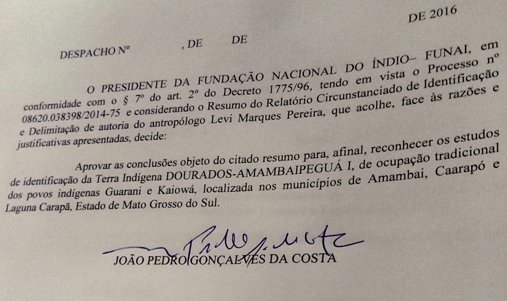 O último despacho da Funai na gestão petista delimitou a terra indígena Dourados-Amambaí Peguá I (Foto: Ciro Barros/Agência Pública)