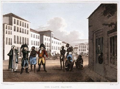 O mercado de escravos, Rio de Janeiro, 1821, Henry Chamberlain, Acervo da Pinacoteca