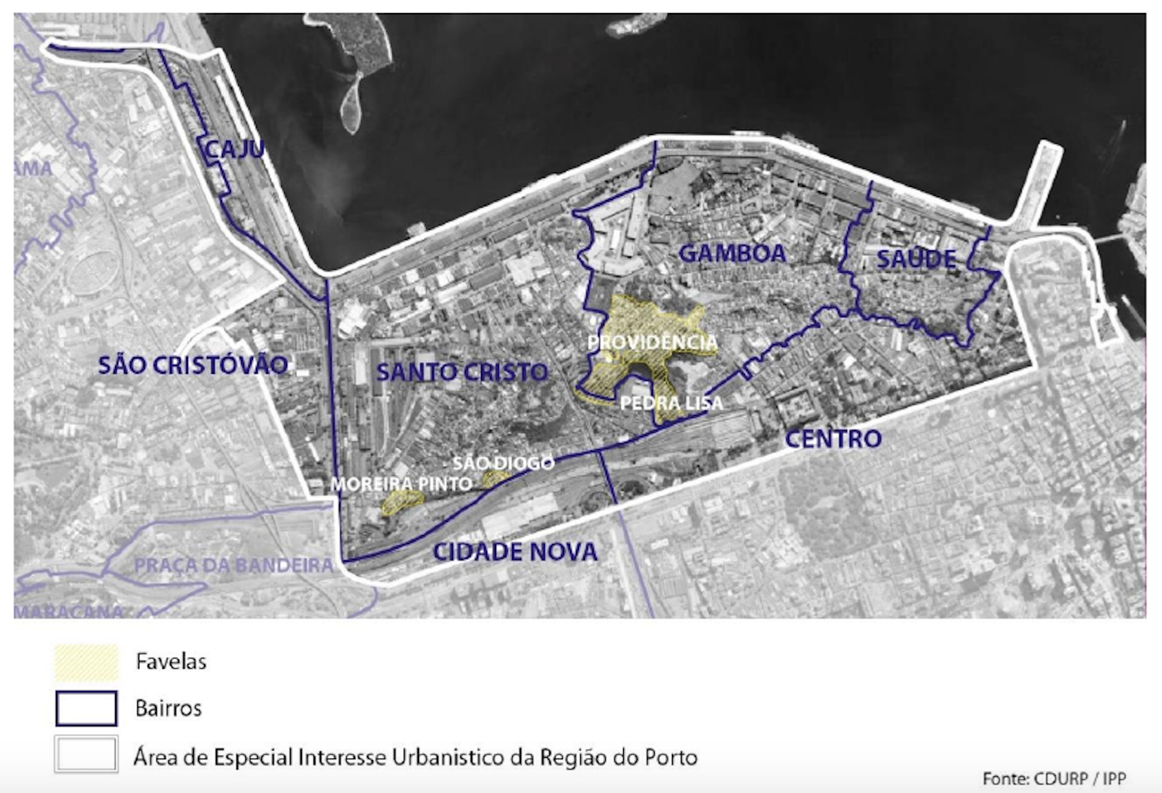 Delimitada no mapa pela linha branca, a área do Porto Maravilha equivale a quase um terço do centro da cidade (Imagem: Mariana Werneck, a partir de dados da Cdurp/IPP)