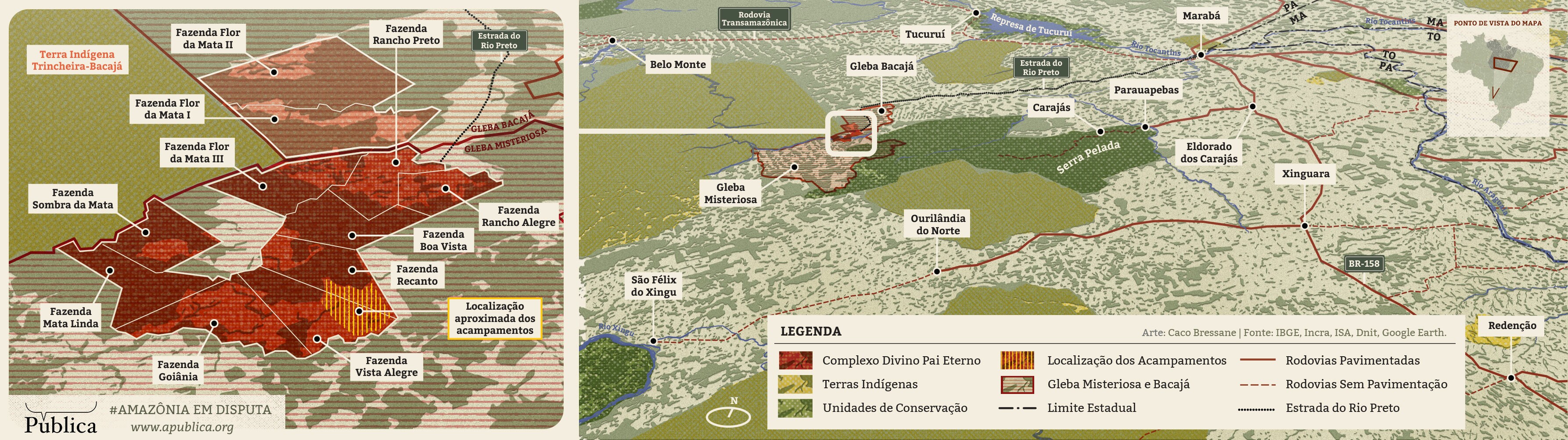 Mapa ilustrado da região do sul do Pará mostra o complexo e fazendas e a região do acampamento no Complexo Divino Pai Eterno (Arte: Caco Bressane)
