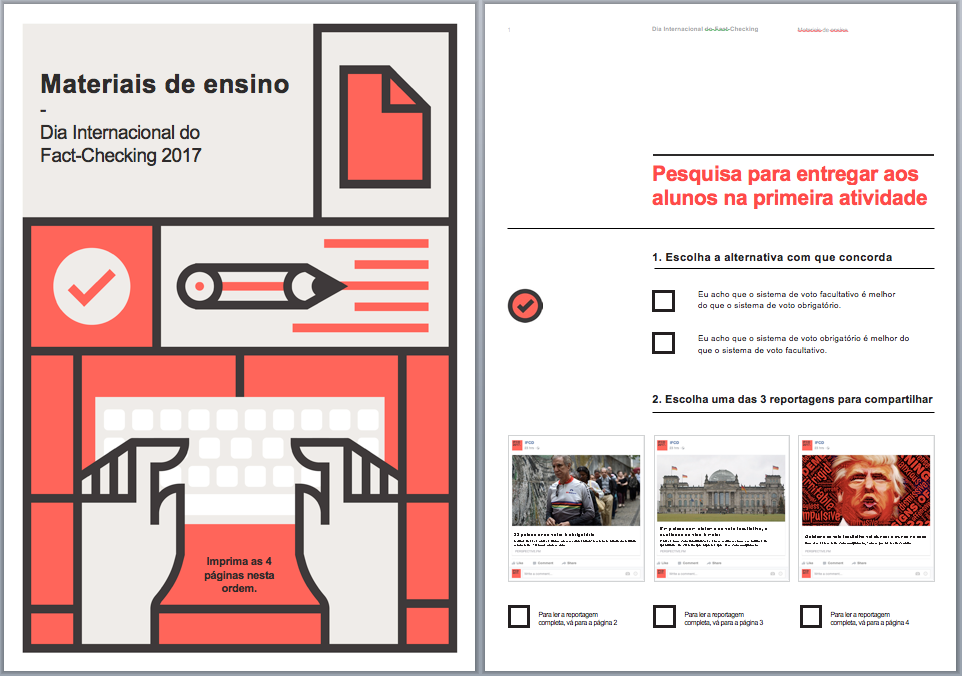 Folheto do plano de aula que apresenta conceitos de checagem para estudantes do ensino médio