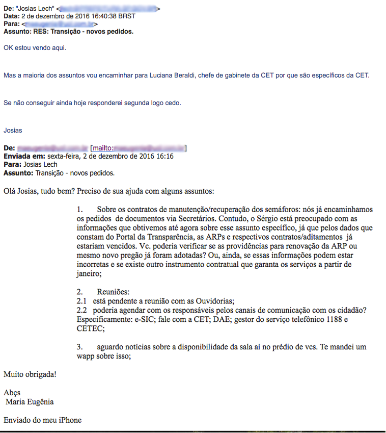 Troca de e-mails entre integrante da equipe de transição de Doria e representante da gestão Haddad