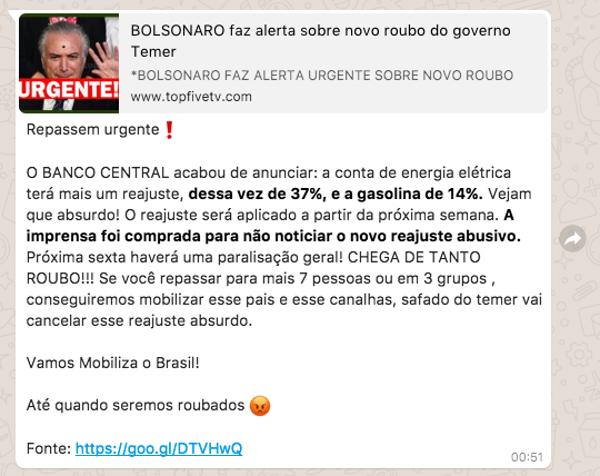 Corrente falsa diz que Bolsonaro denunciou aumento de energia.