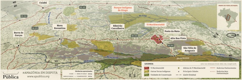 A região de Mato Grosso percorrida pela reportagem da Pública. Clique para ampliar o mapa ilustrado (Arte: Caco Bressane)