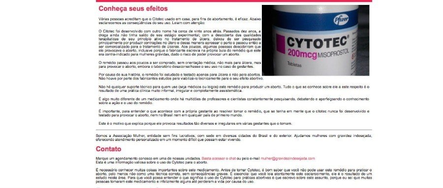 Print do site que mostra os supostos efeitos do Cytotec