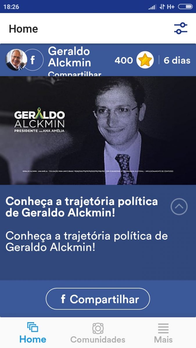 Usuário é incentivado a compartilhar história de Geraldo Alckmin sem poder ler o inteiro teor do conteúdo