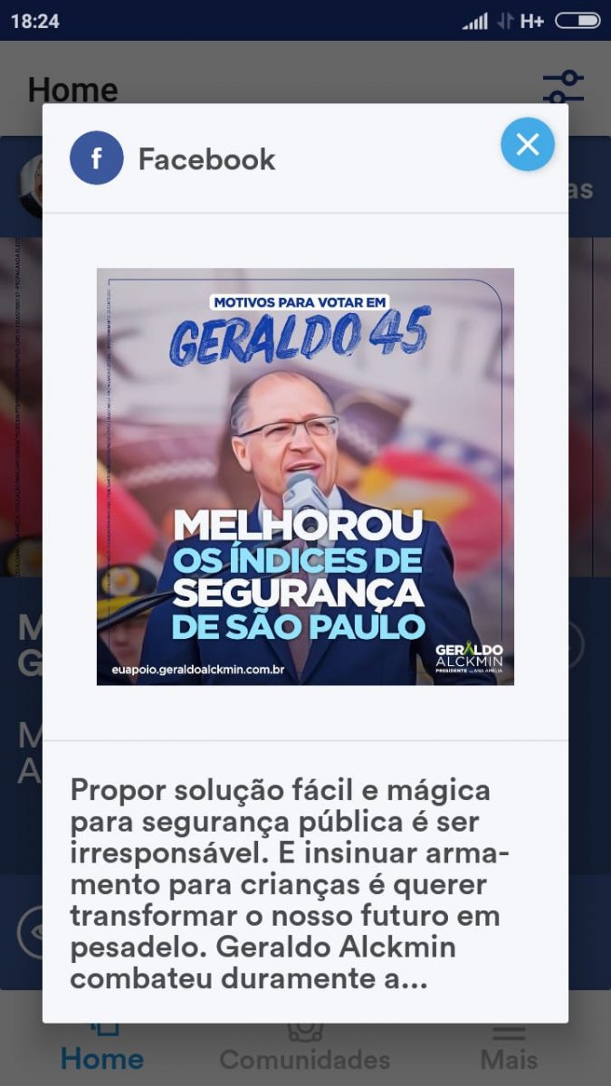 Visualização do post de Geraldo Alckmin com o inteiro teor da legenda da imagem cortado