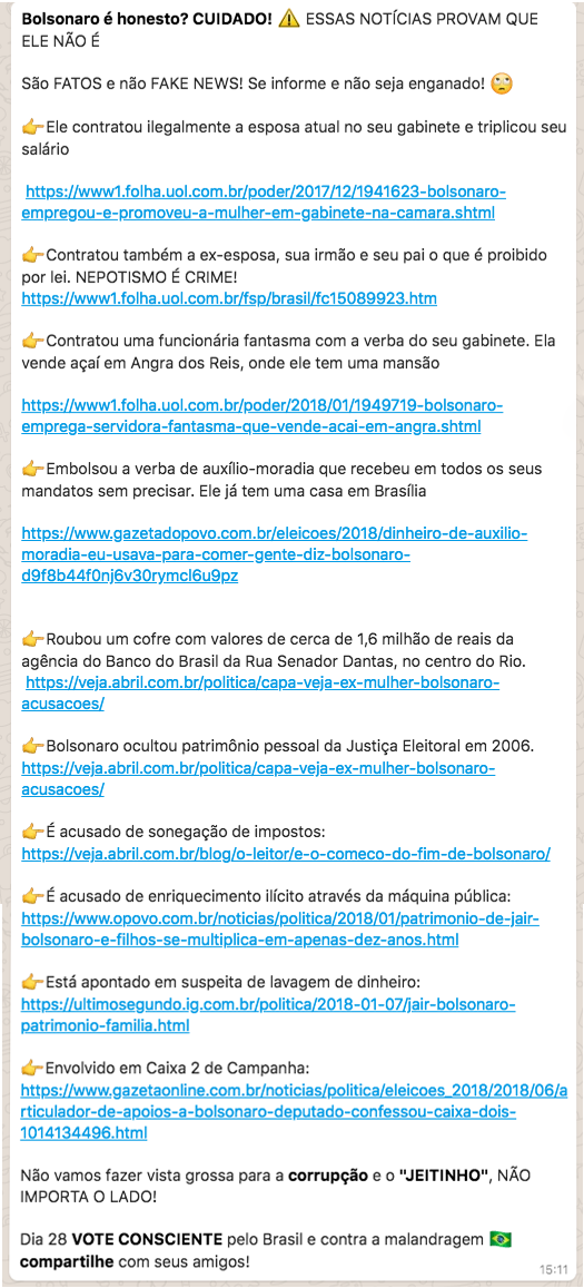 Corrente com acusações contra Bolsonaro, que circula no WhatsApp