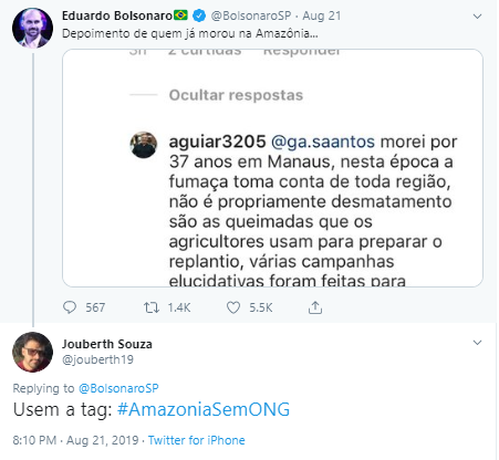 Primeira menção à tag #AmazôniaSemONG veio do perfil @Jouberth19