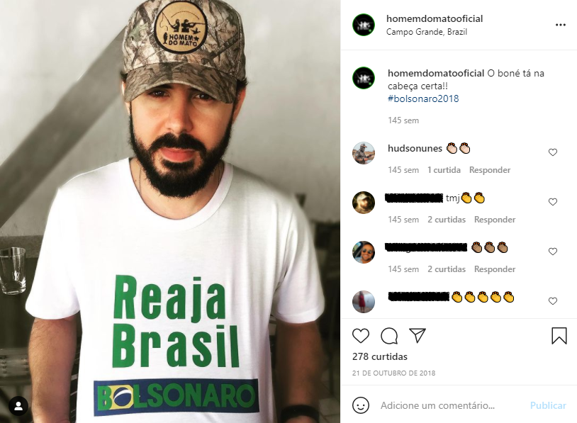 Foto de Hudson Nunes no Instagram com camiseta de apoio a Bolsonaro e boné da marca Homem do Mato