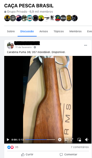 Postagem de venda de arma no grupo "Caça e Pesca Brasil"