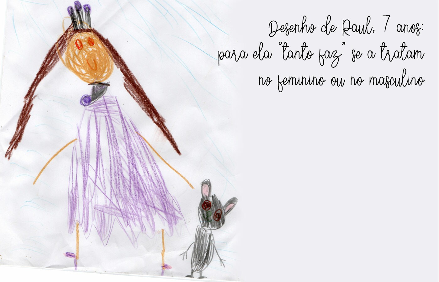 Desenho de Raul, 7 anos, apresenta uma criança com vestido roxo, cabelos castanhos e um coelho de pelúcia