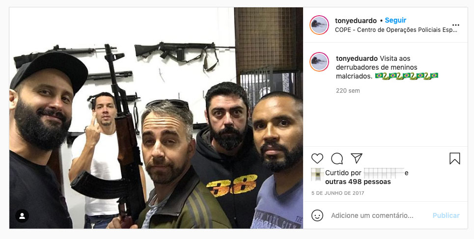 Na foto, cinco homens brancos portando armas em clube de tiro