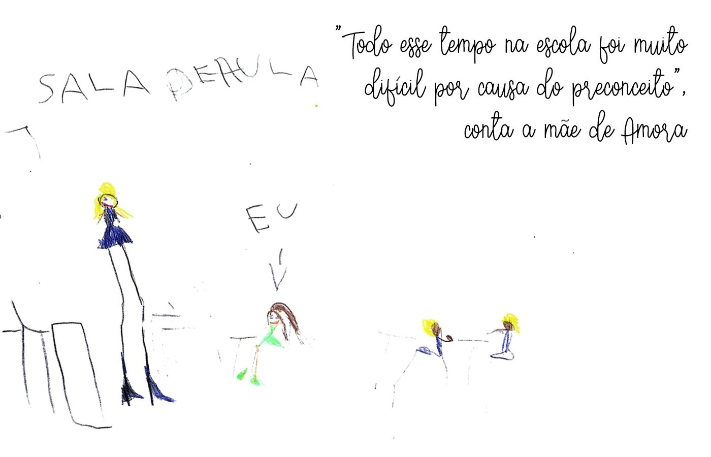 Desenho de Amora, 10 anos, representa uma criança isolada na escola enquanto outras duas brincam