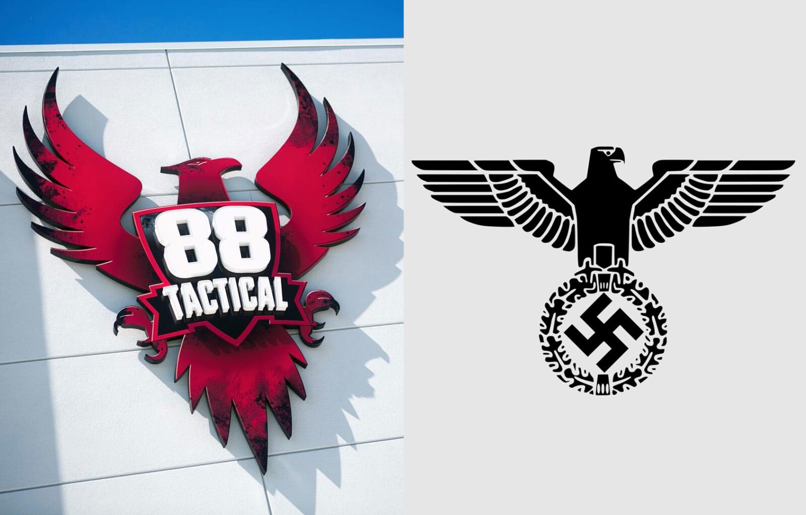 À esquerda o logo da 88 Tactical; à direita o brazão do partido nazista alemão; ambos apresentam uma águia com asas abertas