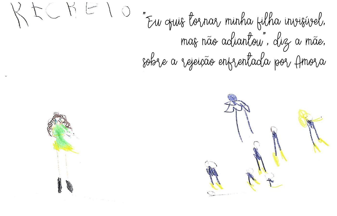 Desenho de Amora, 10 anos, representa uma criança na escola isolada das demais que brincam juntas