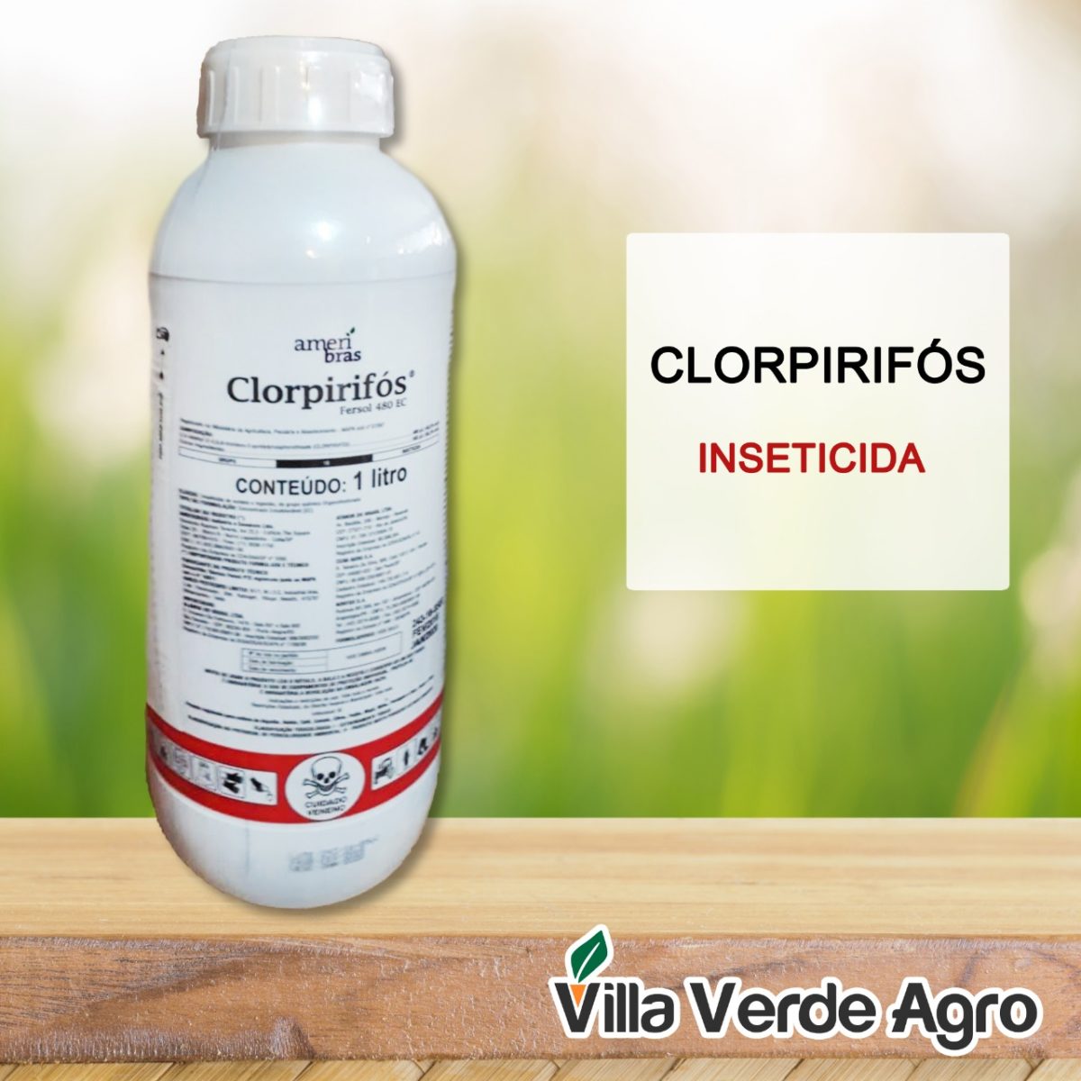 Imagem de divulgação apresenta o produto Clorpirifós, vendido em uma embalagem redonda branca; embaixo está o logo da Villa Verde Agro, que comercializa o produto no Brasil