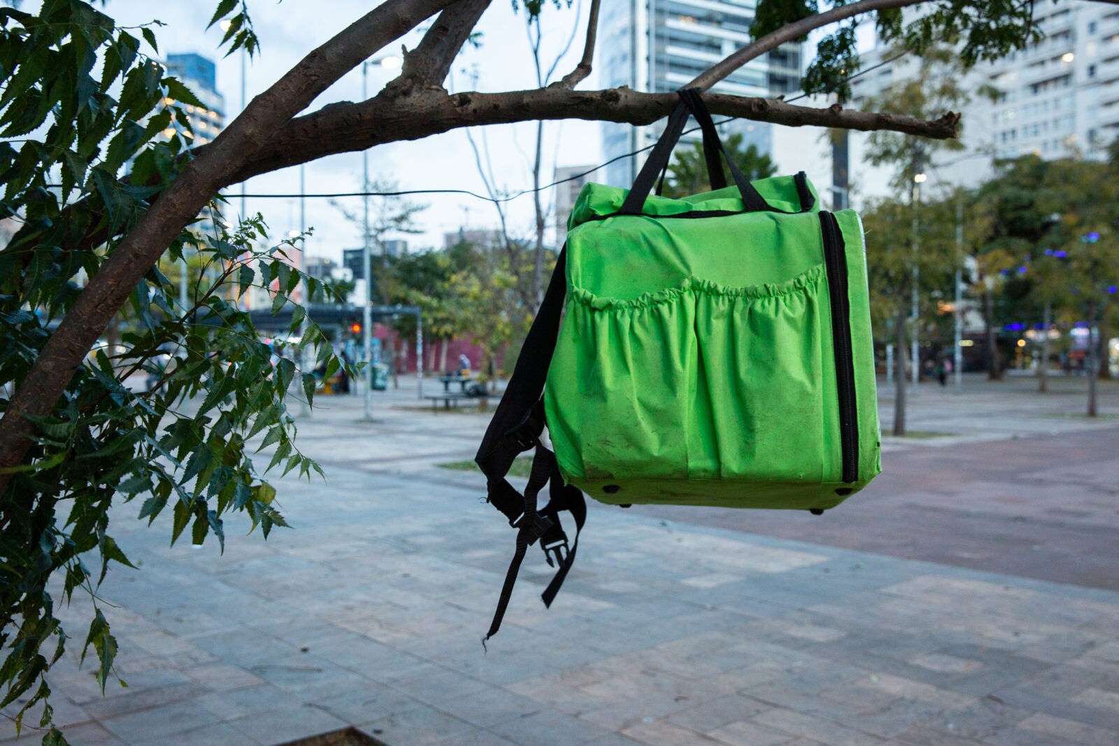 A imagem mostra uma mochila térmica verde limão com alças pretas pendurada em um galho de uma árvore, no meio de uma praça.