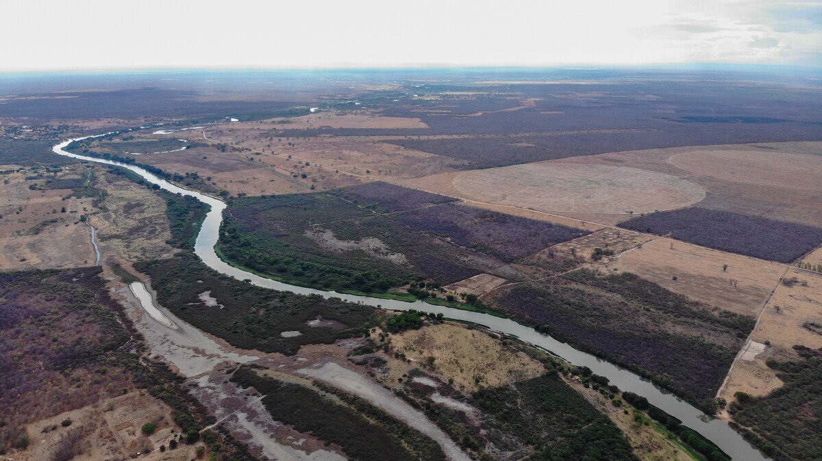 Imagem aérea mostra trecho do Rio Grande, assim como o seu entorno, com áreas destinadas ao agronegócio que sugam água do rio