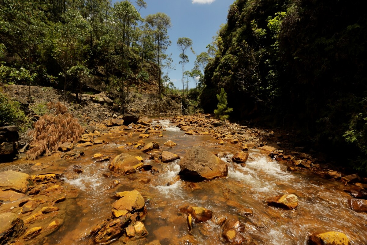 Pedras alaranjadas por efeito dos minérios como ferro e enxofre no Rio Carvão