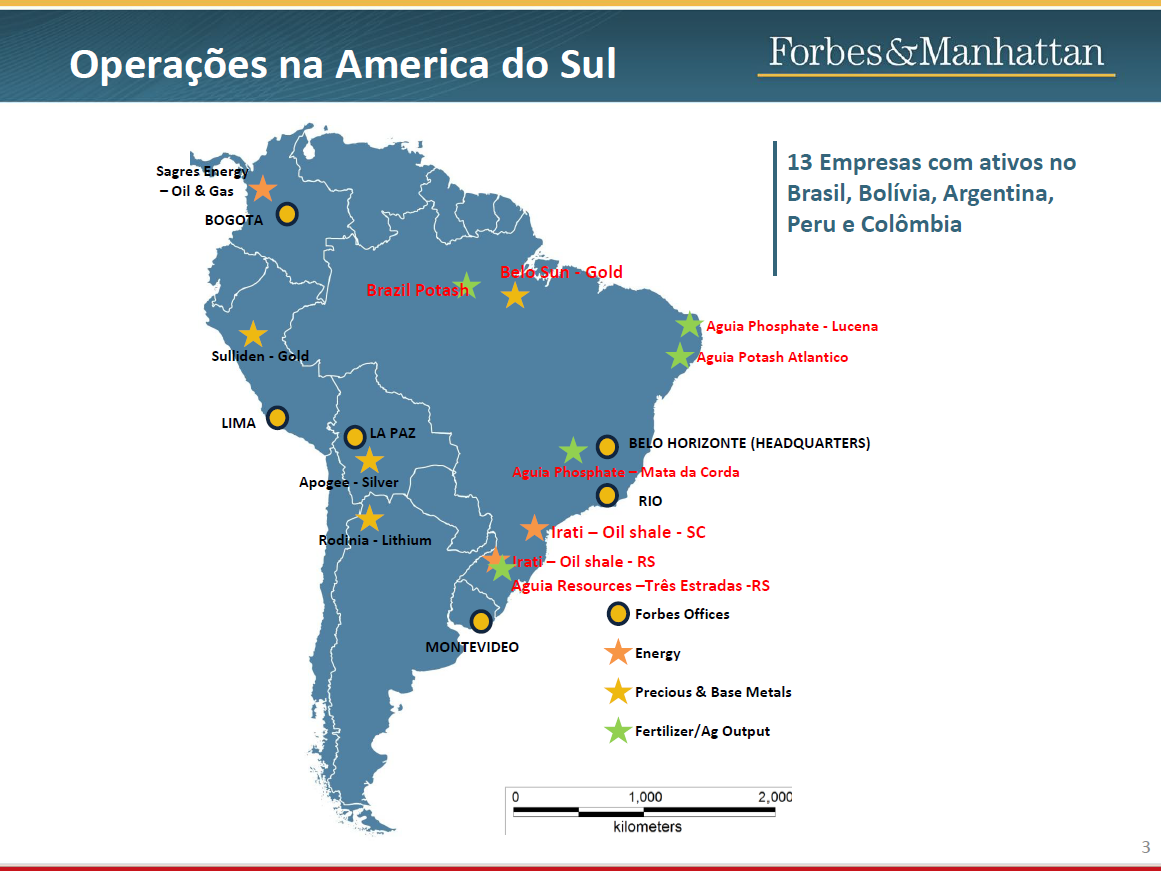 Apresentação de slide da Forbes & Manhattan mostra mapa das operações da empresa na América do Sul