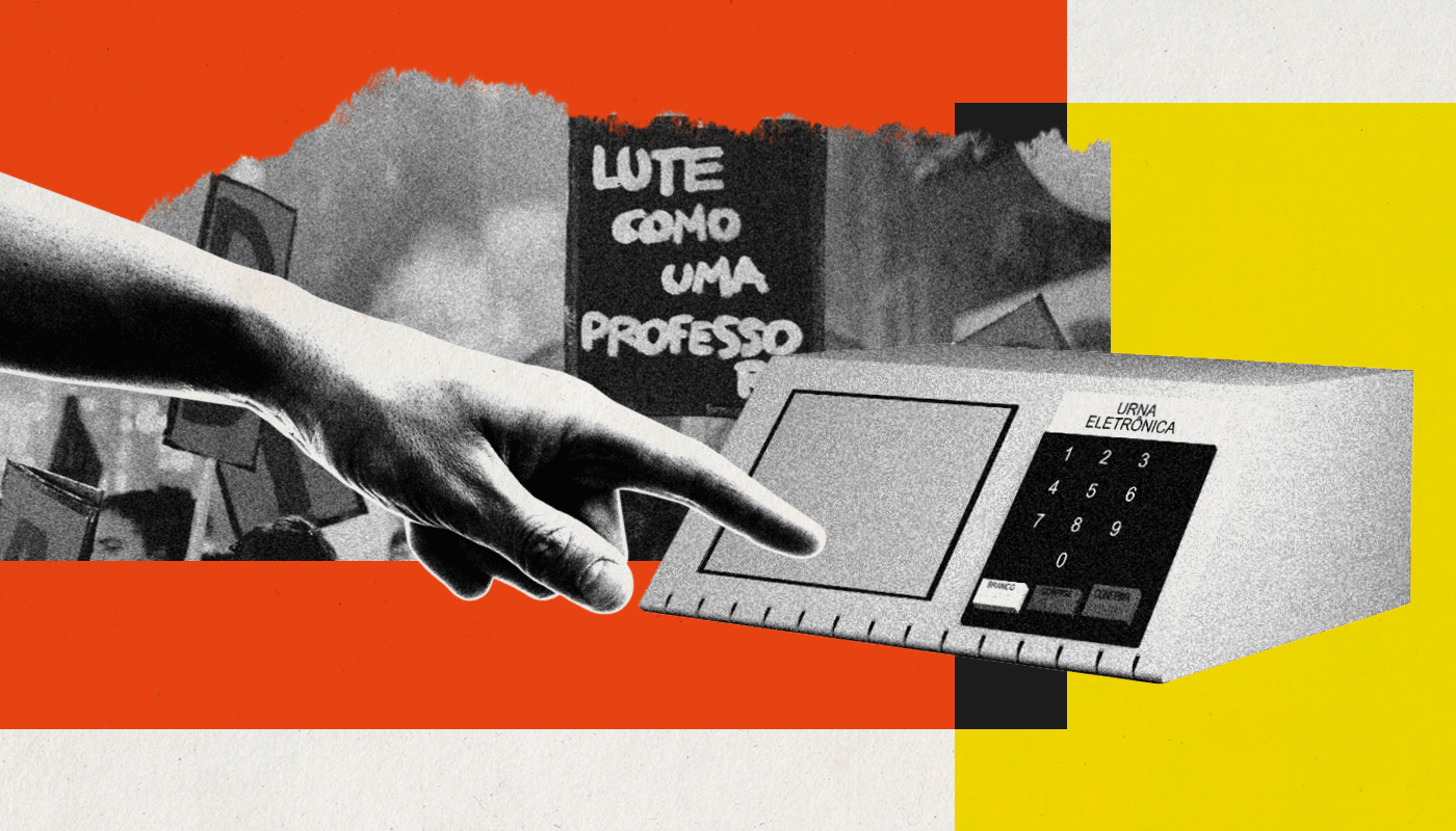 Ilustração mostra uma mão tocando uma urna eletrônica