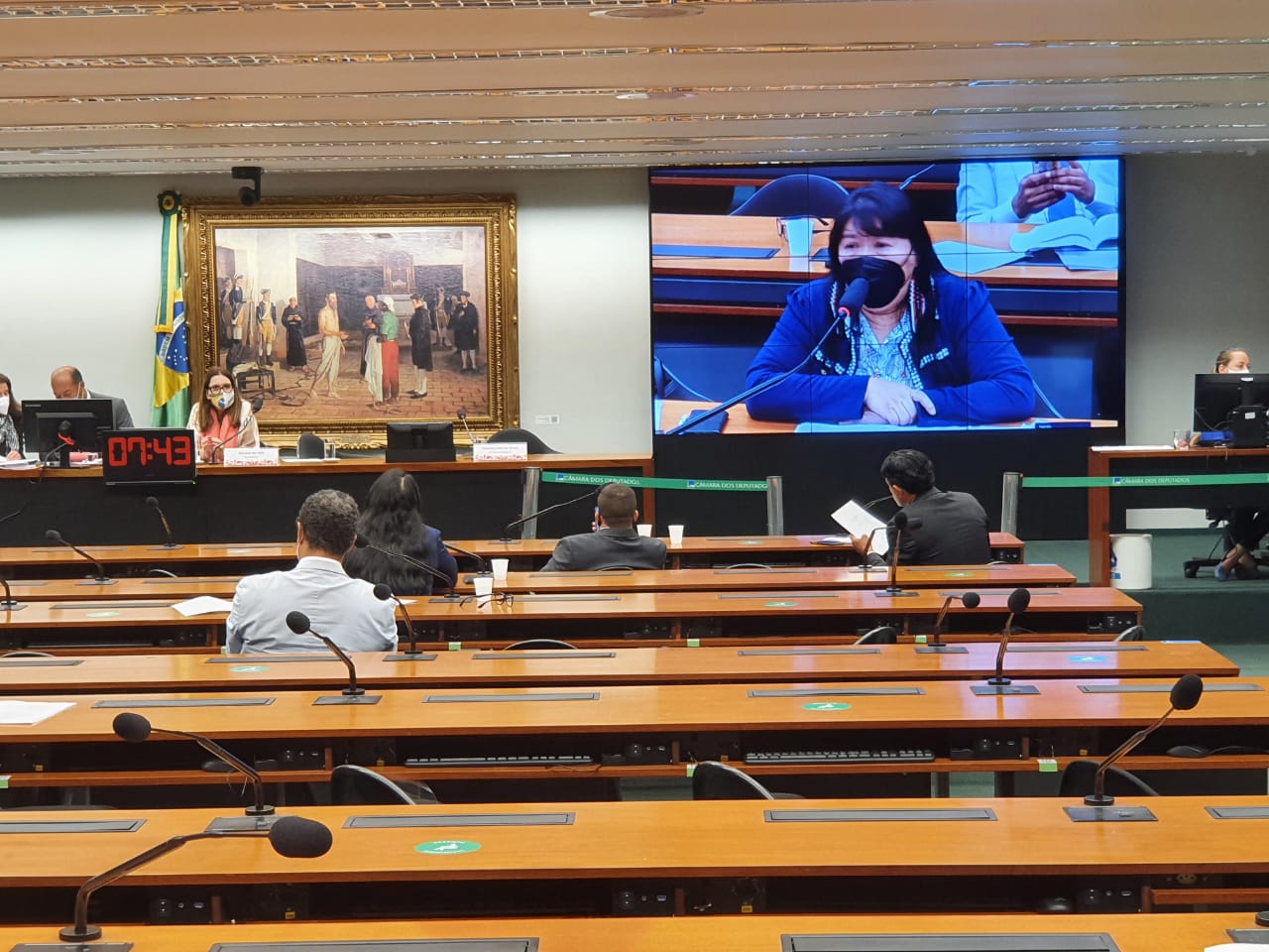 Imagem mostra a deputada Joenia em sessão online no Congresso, sendo transmitida ao vivo por um telão