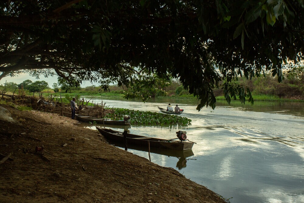 Foto mostra trecho de rio margeado por vegetação rasteira e árvores, com barco ancorado na borda