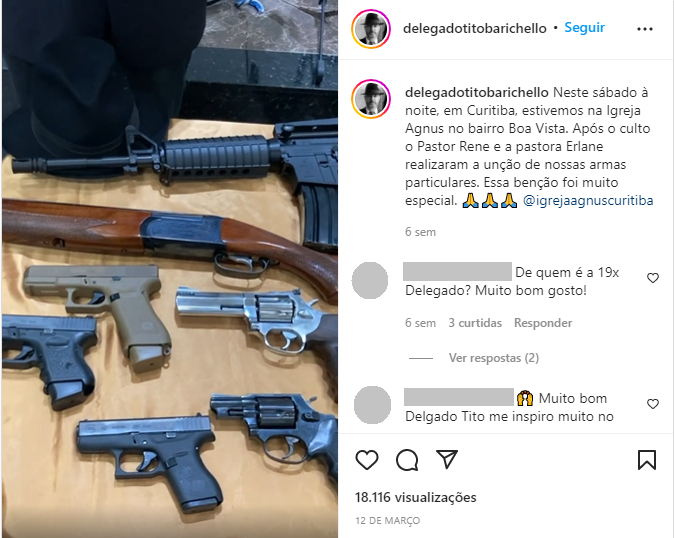 Reprodução de vídeo publicado no Instagram, onde aparecem diversas armas dispostas em uma mesa