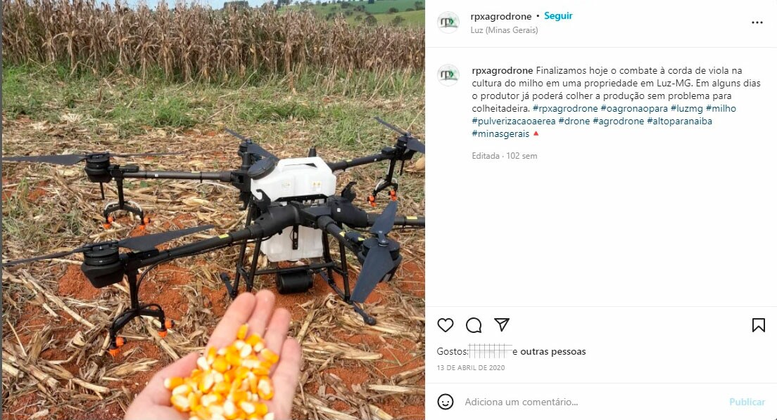 Imagem mostra uma mão segurando milho, com um drone estacionado à sua frente