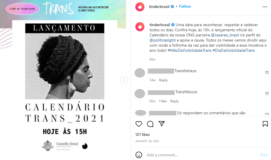 Reprodução de publicação do perfil do Tinder no Instagram, com trecho de vídeo com a seguinte arte gráfica "Calendário Trans 2021"