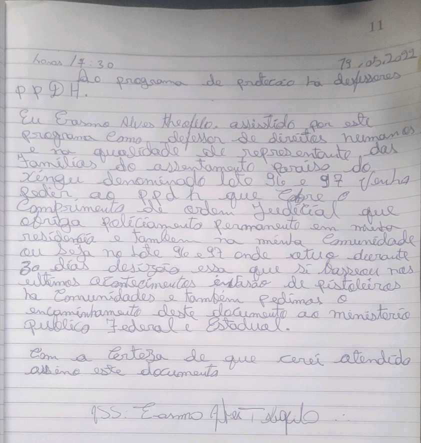 Carta escrita à próprio punho por Erasmo, onde pede mais policiamento na região
