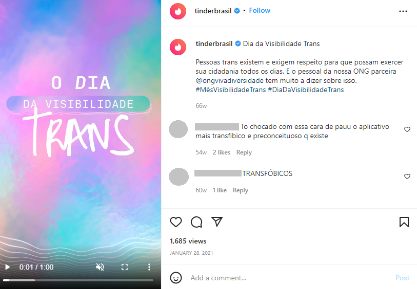Reprodução de publicação do perfil do Tinder no Instagram, com a seguinte peça gráfica "Dia da Visibilidade Trans"