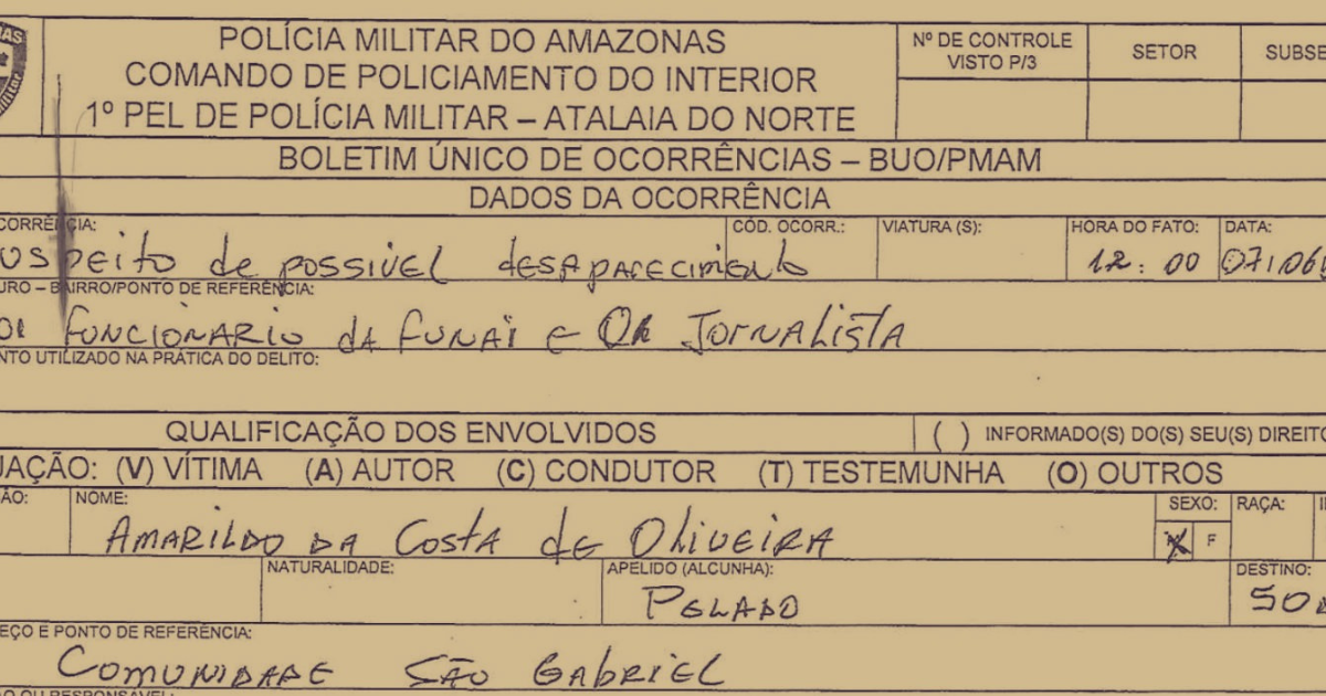 Reprodução de trecho do boletim de ocorrência prestado contra Amarildo da Costa, vulgo Pelado, suspeito do desaparecimento de Bruno e Dom no Vale do Javari