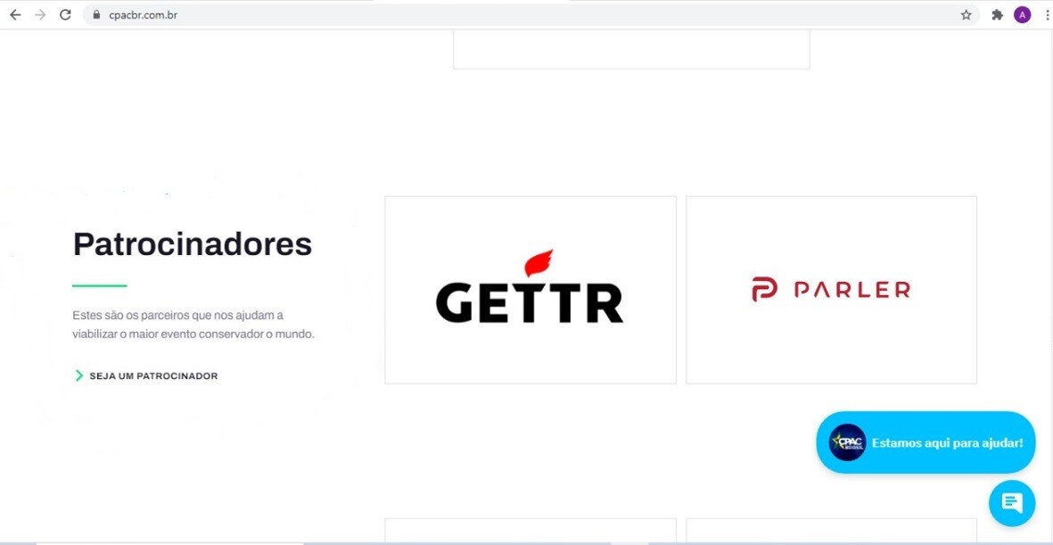 Print de página da web do CPAC, com o logo da Gettr entre os patrocinadores