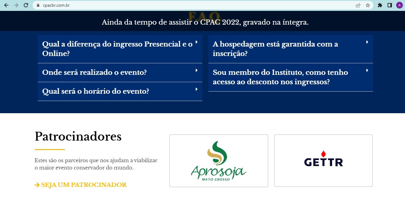 Print de página da web do CPAC, com o logo da Gettr entre os patrocinadores do evento em 2022