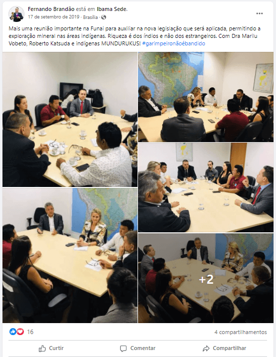 Reprodução de publicação no Facebook com fotos da reunião entre comissão pró-garimpo e Funai. Na imagem é possível ver cerca de 8 pessoas sentadas em uma mesa