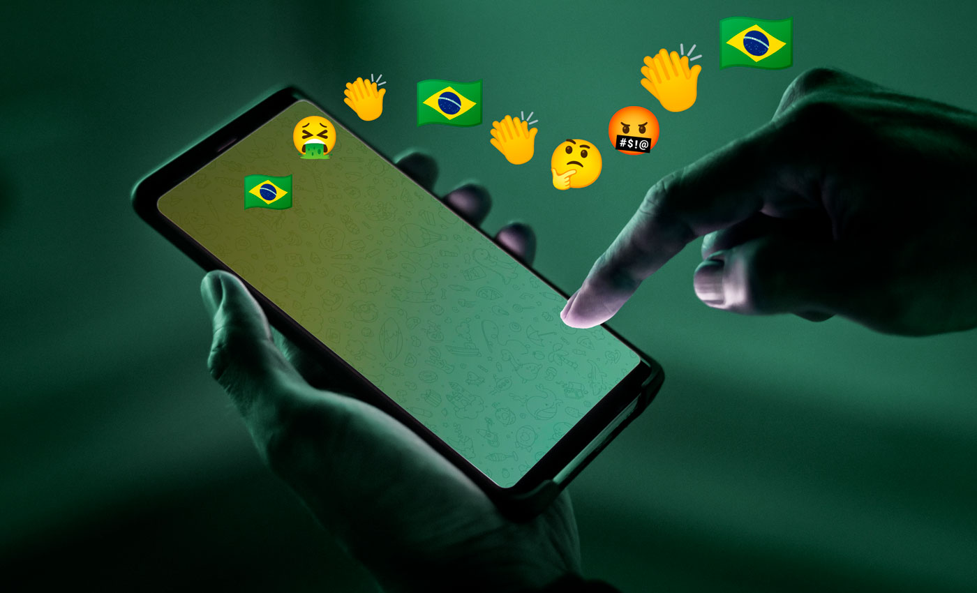Ilustração de pessoa mexendo no celular e emojis saindo do dispositivo.