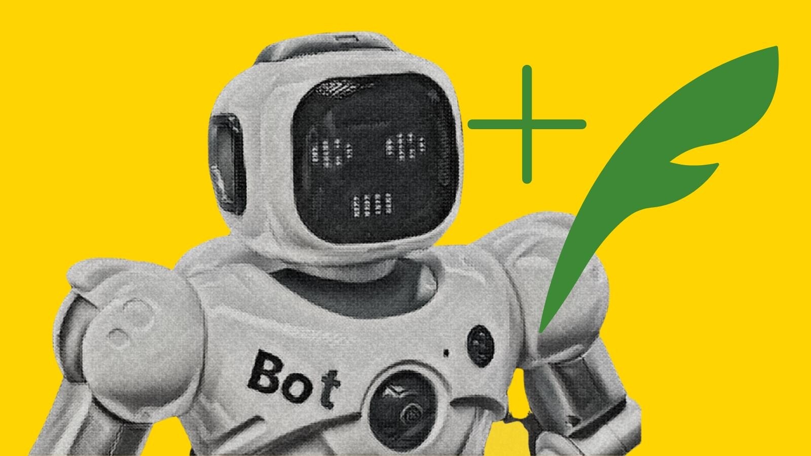 Na imagem, um robô aparece em frente a ilustração de uma pena com um mais ao lado.