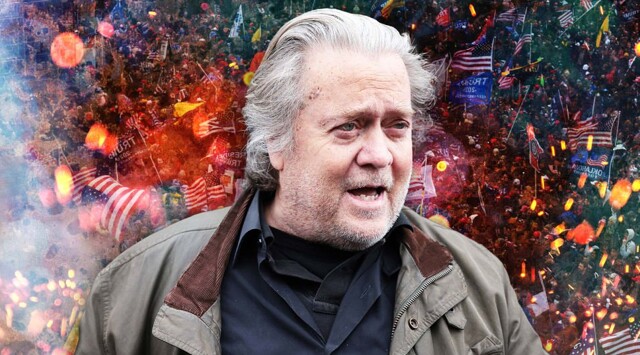 Na imagem, Steve Bannon, um homem branco com cabelos grisalhos e olhos claros, ele usa jaqueta cinza e camisa preta.
