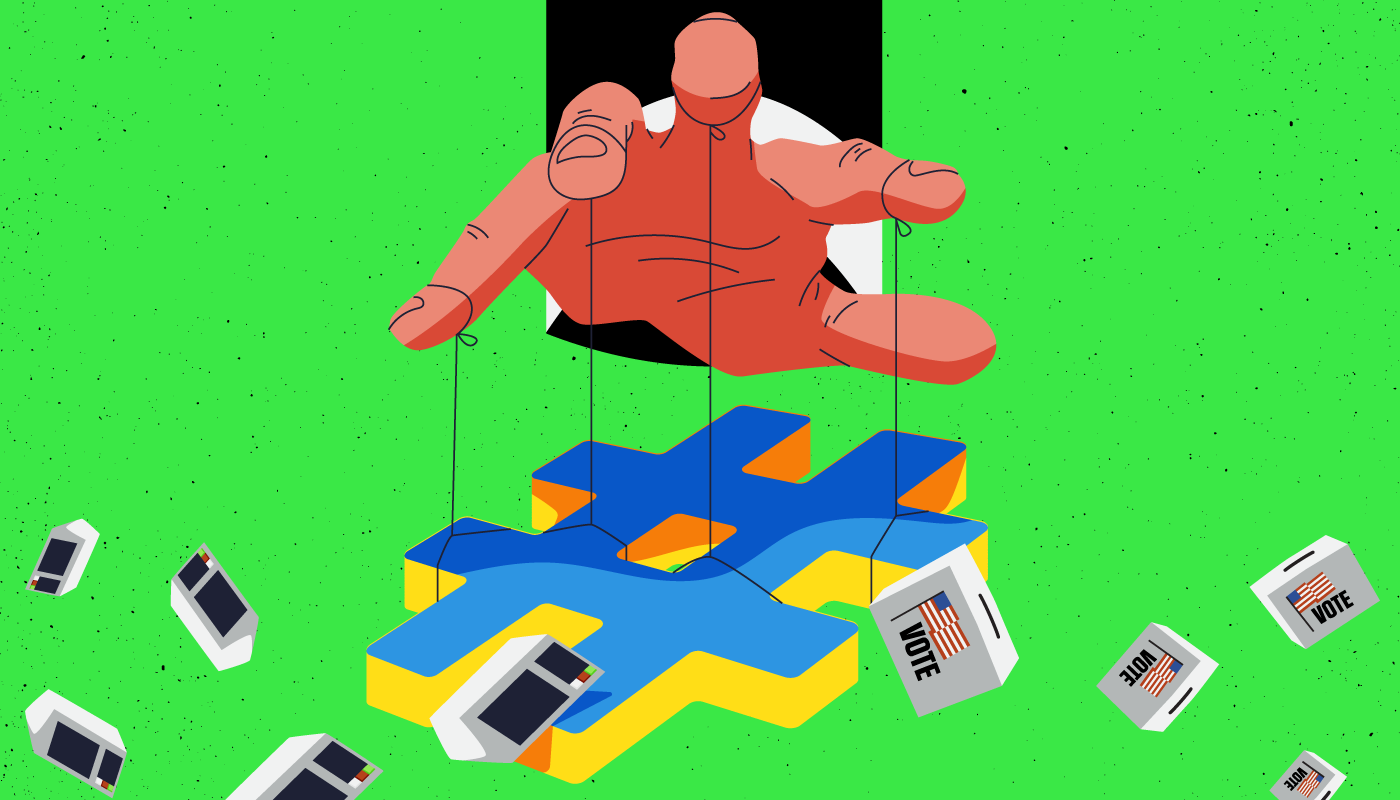 Na ilustração uma hashtag aparece como marionete sendo segurada por uma mão. Do lado esquerdo várias urnas eletrônicas e do lado direito várias urnas de votação com a bandeira dos EUA.