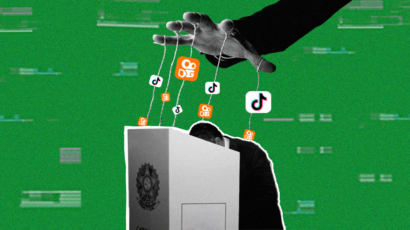 Na ilustração, um homem vota em uma cabine eleitoral amarrado pelas redes sociais Kwai e TikTok, que por sua vez, estão amarrados por uma mão.