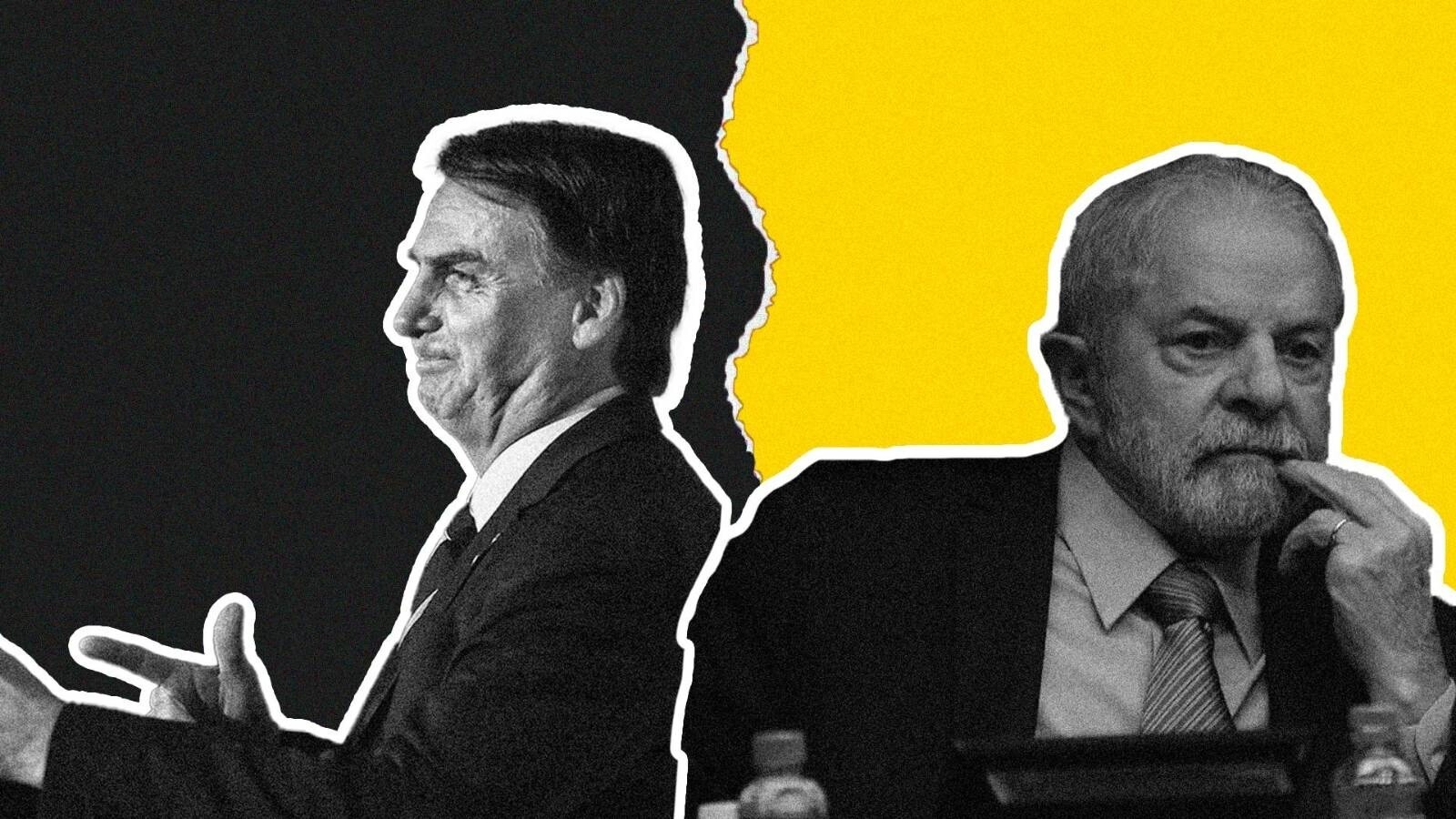 À esquerda aparece o candidato à reeleição Jair Bolsonaro. À direita seu adversário à eleição o ex-presidente Lula.